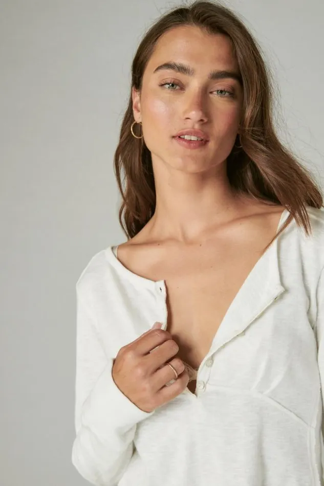 Lucky Brand Long Sleeve Knit Henley Whisper White Women All Tops