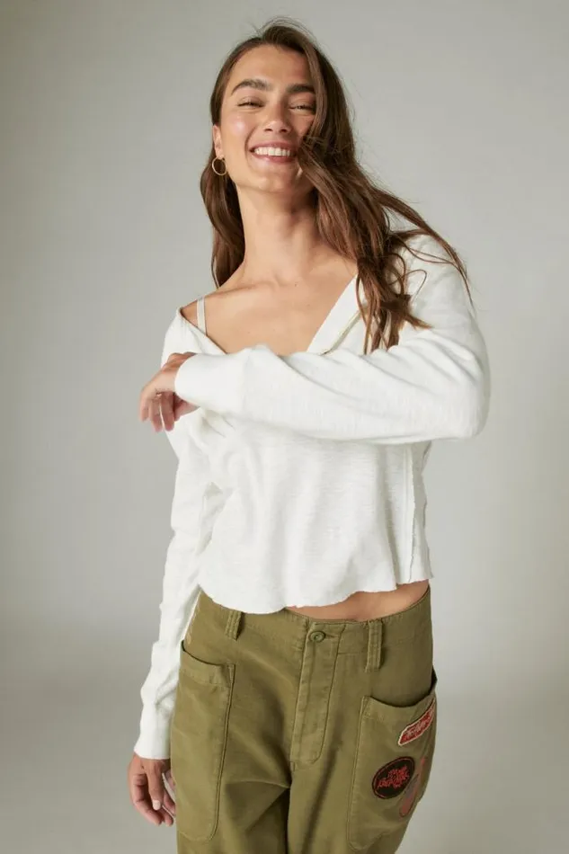 Lucky Brand Long Sleeve Knit Henley Whisper White Women All Tops