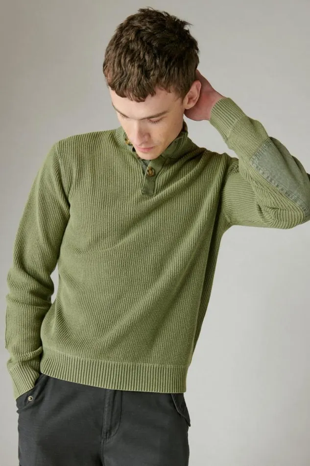 Lucky Brand Mixed Media Mock Neck Sweater Army Green Acid Wash Men Sweaters