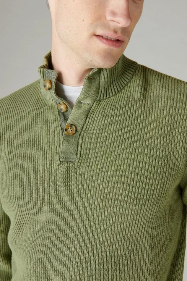 Lucky Brand Mixed Media Mock Neck Sweater Army Green Acid Wash Men Sweaters