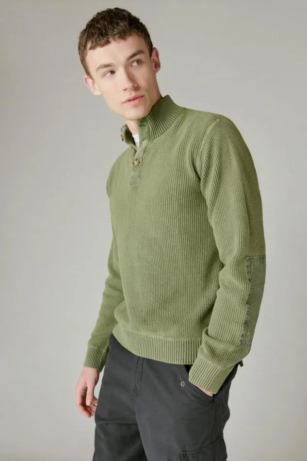 Lucky Brand Mixed Media Mock Neck Sweater Army Green Acid Wash Men Sweaters