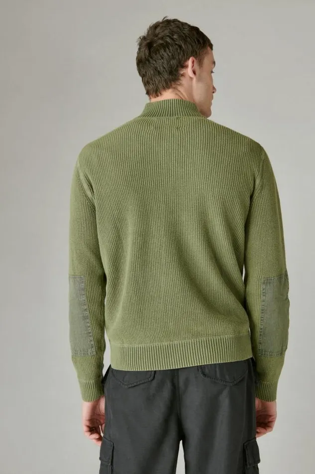 Lucky Brand Mixed Media Mock Neck Sweater Army Green Acid Wash Men Sweaters