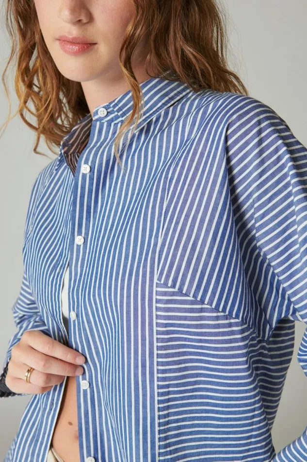 Lucky Brand Multi Stripe Oversized Seamed Shirt Sodalite Blue Stripe Women All Tops