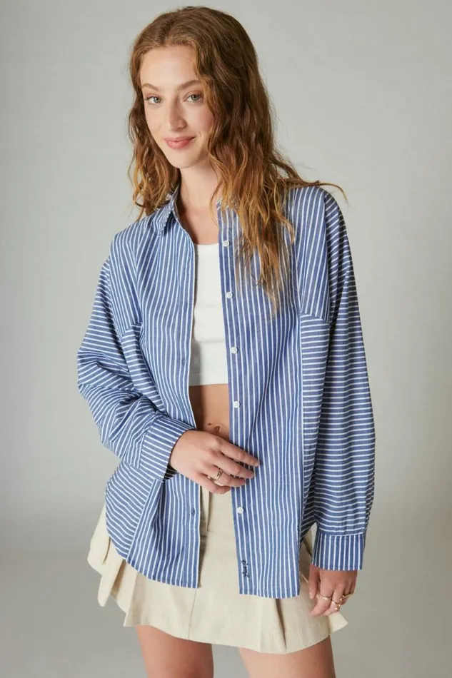 Lucky Brand Multi Stripe Oversized Seamed Shirt Sodalite Blue Stripe Women All Tops