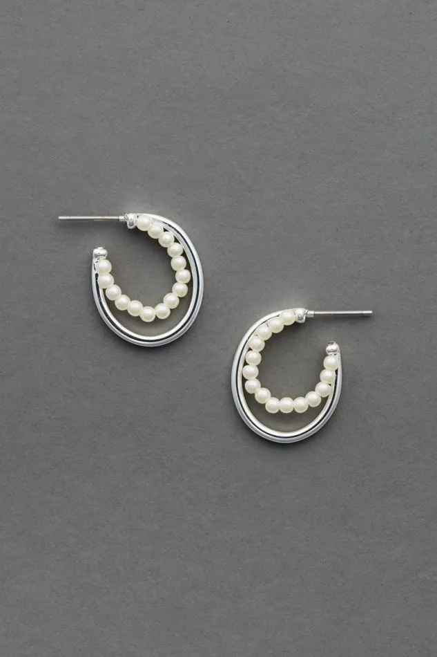 Lucky Brand Pearl High Shine Hoop Silver Women Jewelry