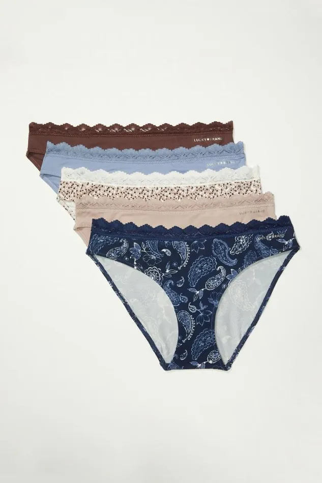 Lucky Brand Pretty Paisley Lace Bikini 5 Pk Dark Blue Women Intimates and Sleepwear