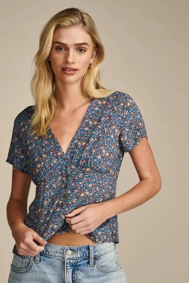 Lucky Brand Printed Button Front Top Indigo Multi Women All Tops