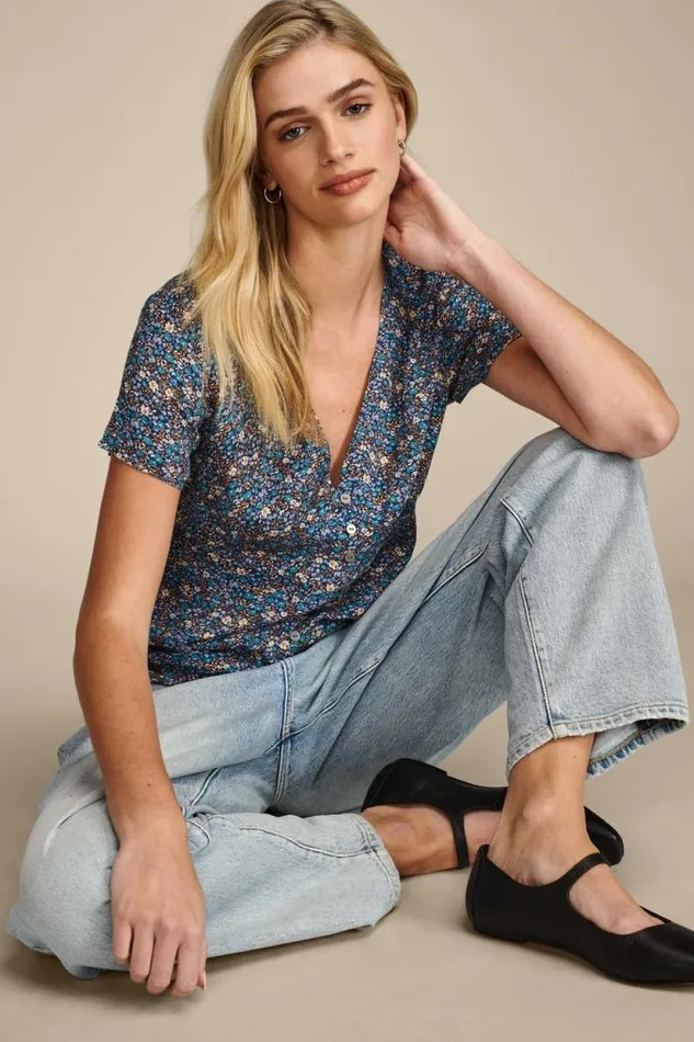 Lucky Brand Printed Button Front Top Indigo Multi Women All Tops