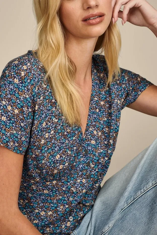 Lucky Brand Printed Button Front Top Indigo Multi Women All Tops