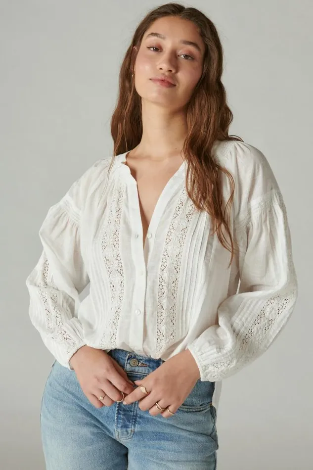 Lucky Brand Relaxed Lace Open Neckshirt Bright White Women Blouses
