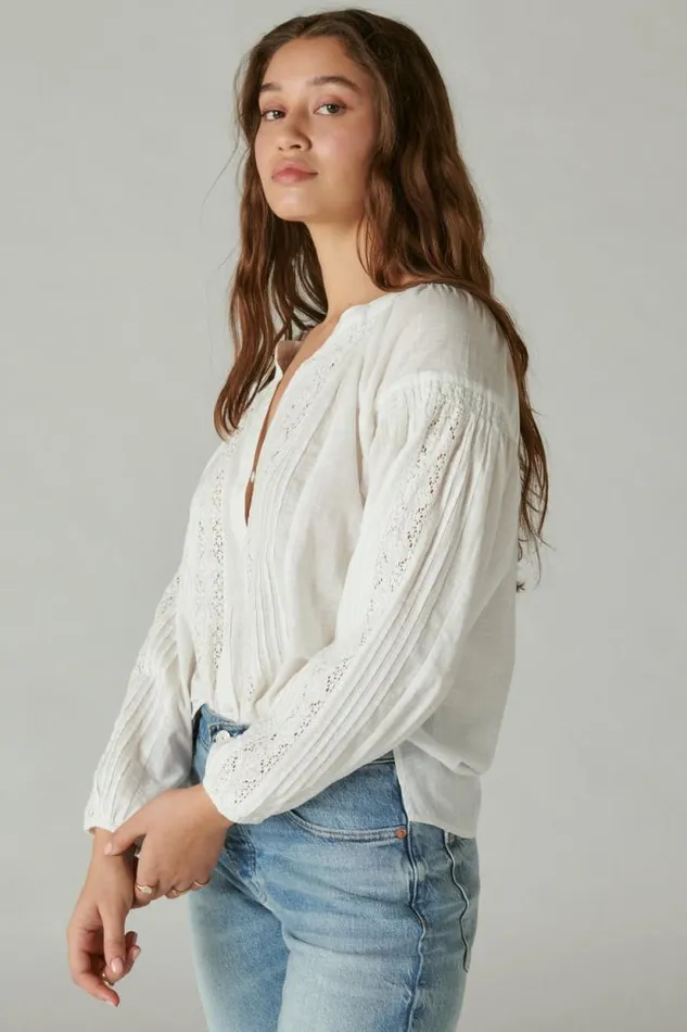Lucky Brand Relaxed Lace Open Neckshirt Bright White Women Blouses