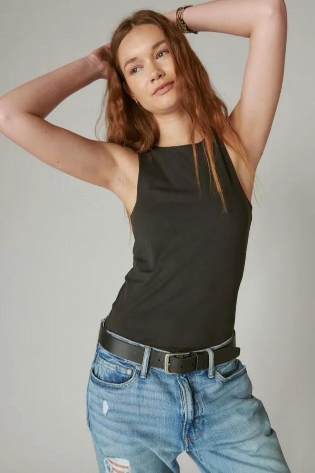 Lucky Brand Seamless Racer Tank Jet Black Women Knit Tops