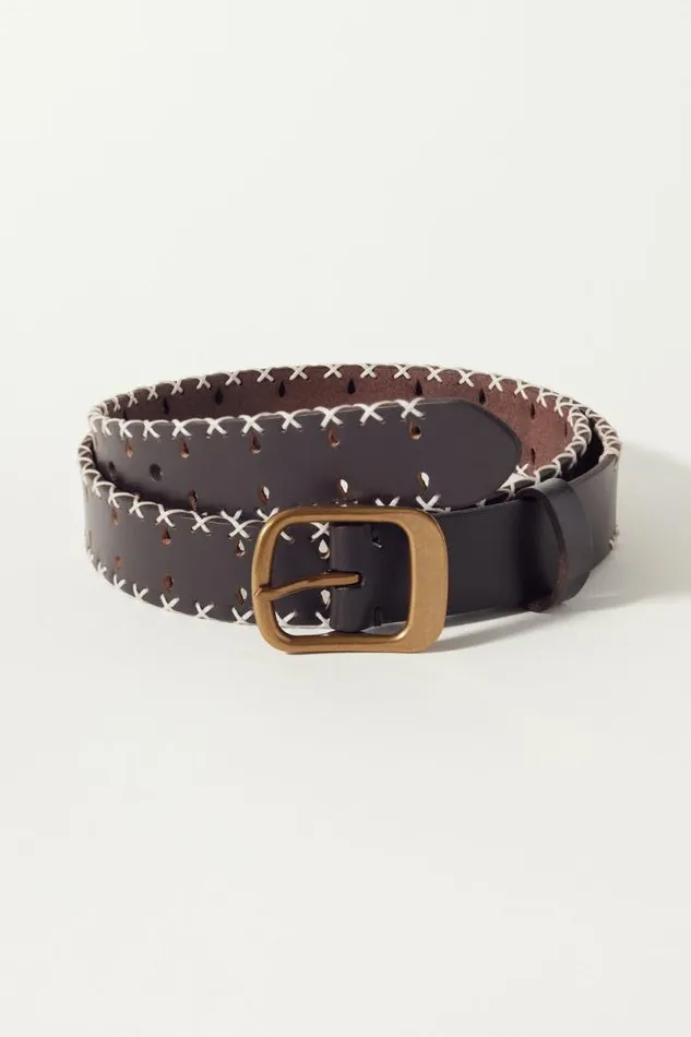 Lucky Brand Side Stitched Leather Belt Dark Brown Women Belts