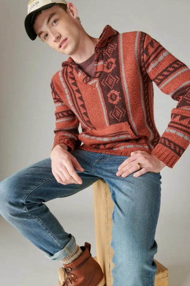 Lucky Brand Southwestern Print Baja Sweater Apple Butter Combo Men Sweaters