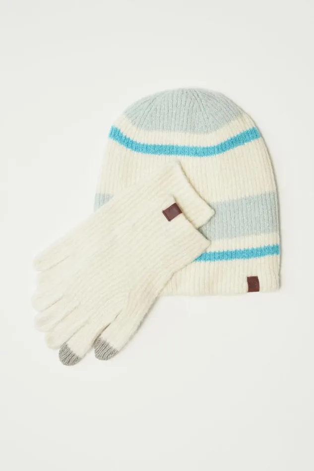 Lucky Brand Striped Beanie and Glove Set Medium Light Green Women Gloves