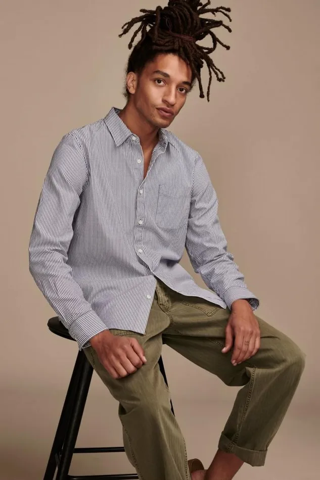 Lucky Brand Striped One Pocket Long Sleeve Shirt Blue Stripe Men Suit Separates