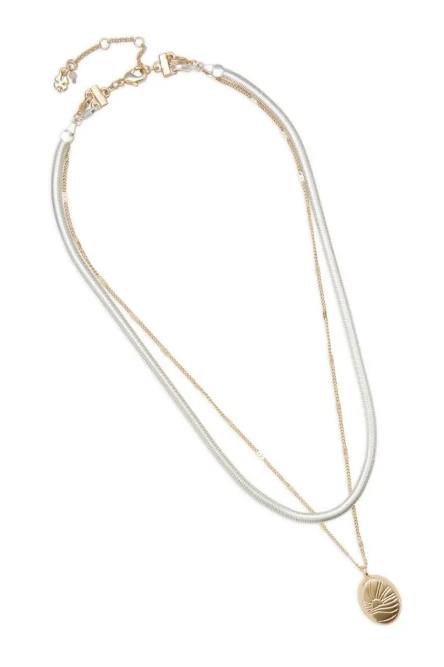 Lucky Brand Sunshine Etched Locket Layer Necklace Two Tone Women Jewelry