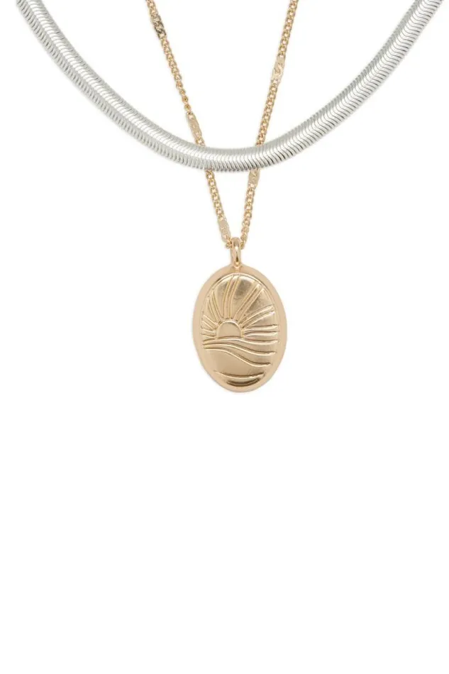 Lucky Brand Sunshine Etched Locket Layer Necklace Two Tone Women Jewelry