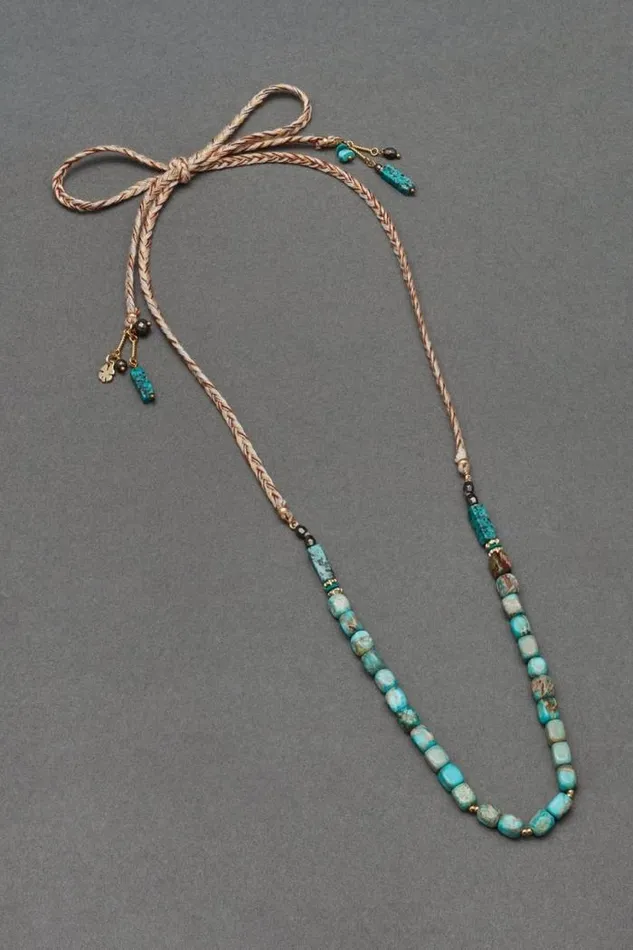 Lucky Brand Turquoise Stone Threaded Tie Choker Necklace Gold Women Jewelry