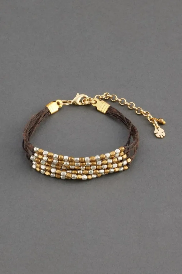 Lucky Brand Two Tone Beaded Leather Layer Bracelet Two Tone Women Jewelry