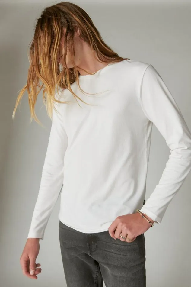 Lucky Brand Venice Burnout Long Sleeve Crew Neck Marshmallow Men Shirts and Tops