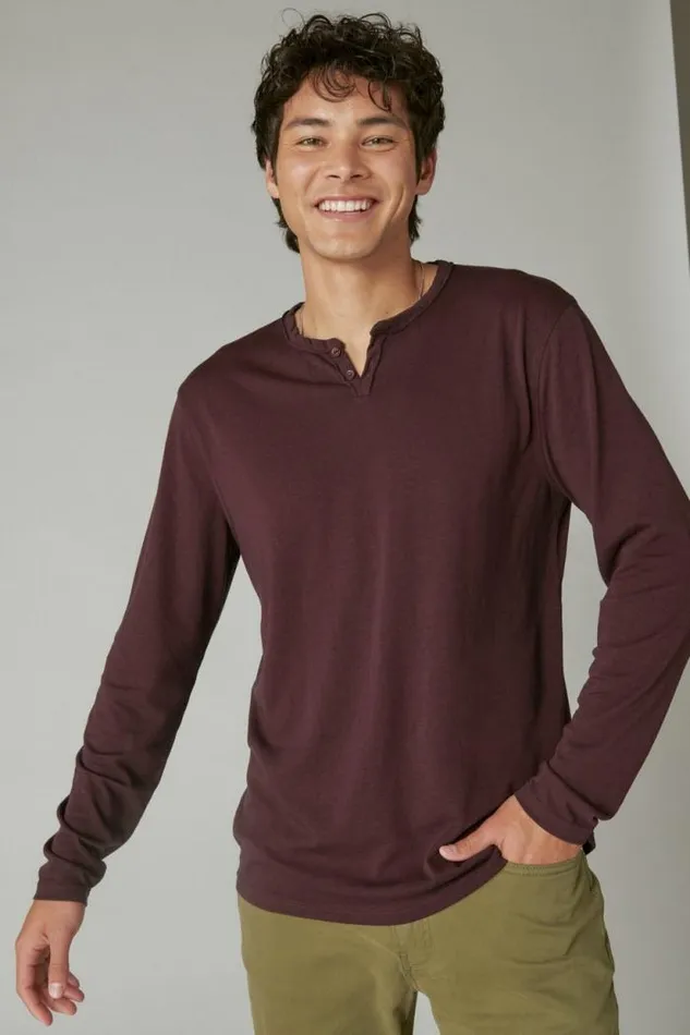 Lucky Brand Venice Burnout Long Sleeve Notch Neck Wine Tasting Men Shirts and Tops