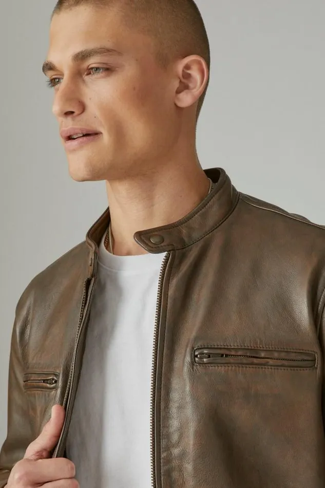 Lucky Brand Washed Leather Bonneville Jacket Dark Brown Men Jackets and Outerwear