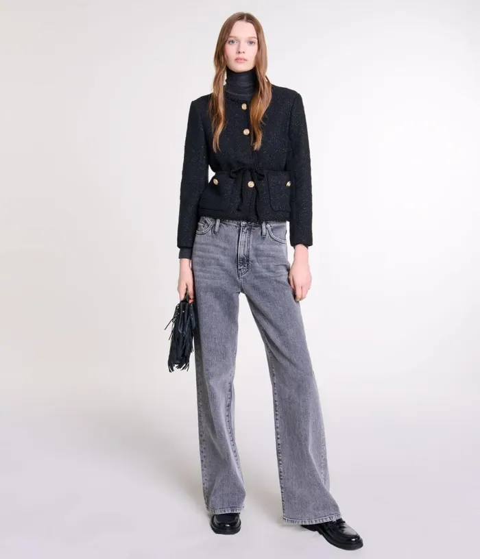 Maje Belted Shinytweed Jacket Women Blazers and Jackets