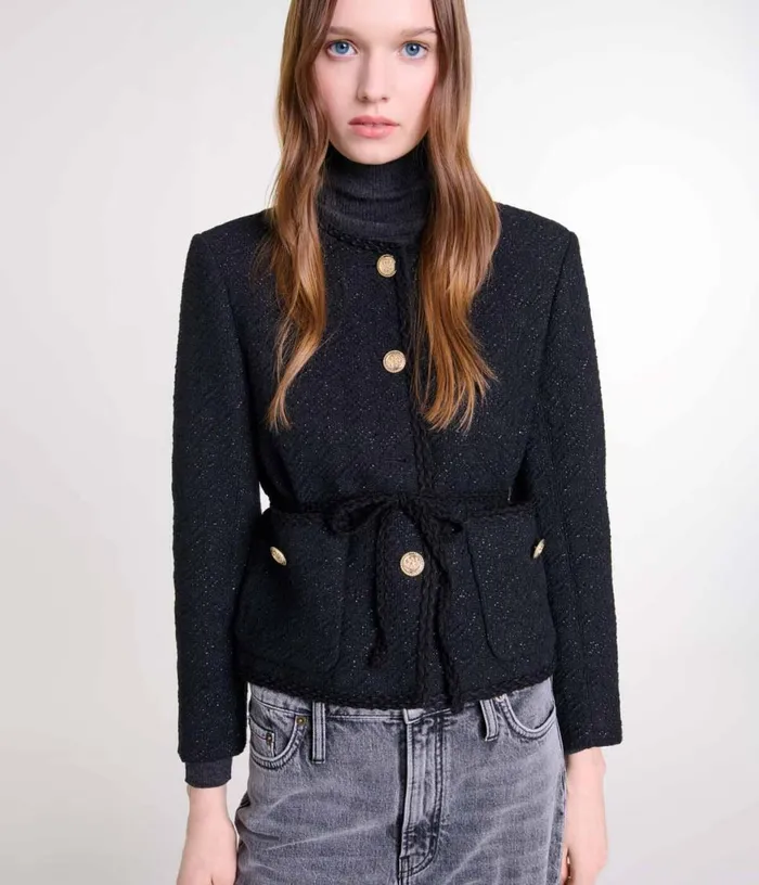 Maje Belted Shinytweed Jacket Women Blazers and Jackets