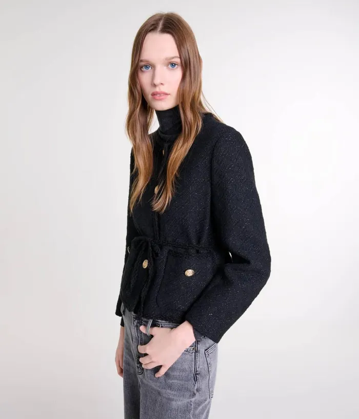 Maje Belted Shinytweed Jacket Women Blazers and Jackets
