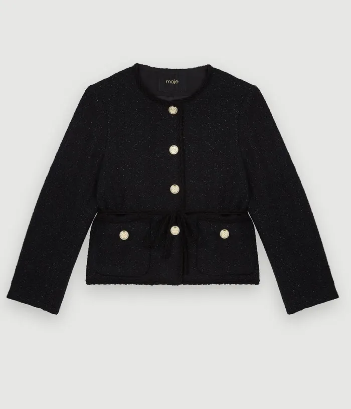Maje Belted Shinytweed Jacket Women Blazers and Jackets