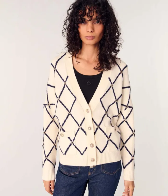 Maje Diamond Pattern Knitted Cardigan Women Sweaters and Cardigans Maje Diamond Pattern Knitted Cardigan Women Sweaters and Cardigans