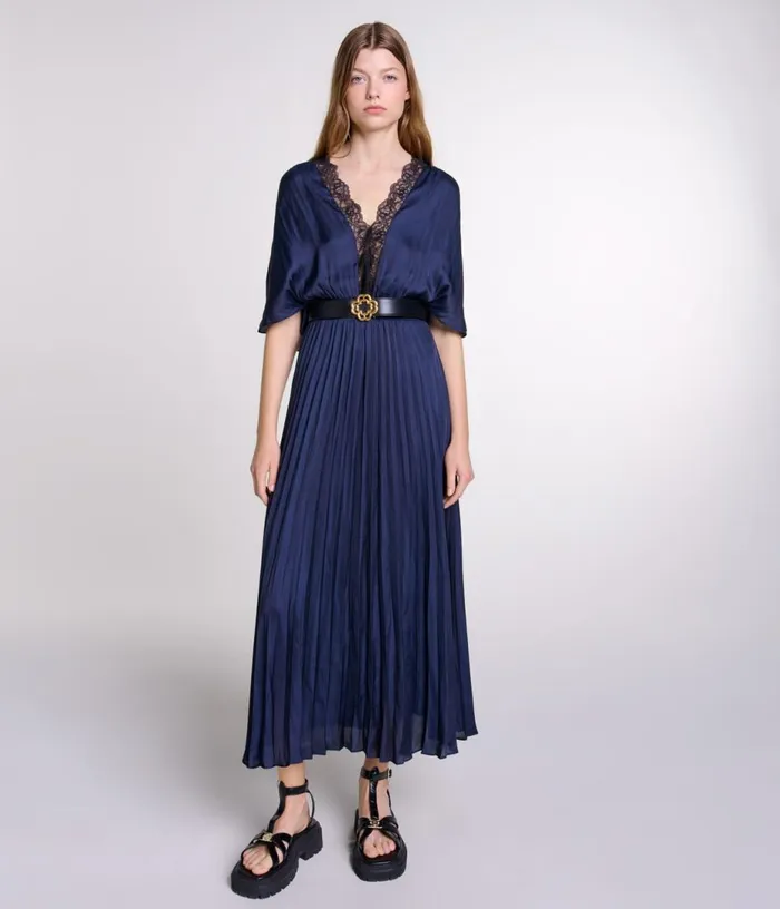 Maje Pleated Maxi Dress With Lace Women Dresses