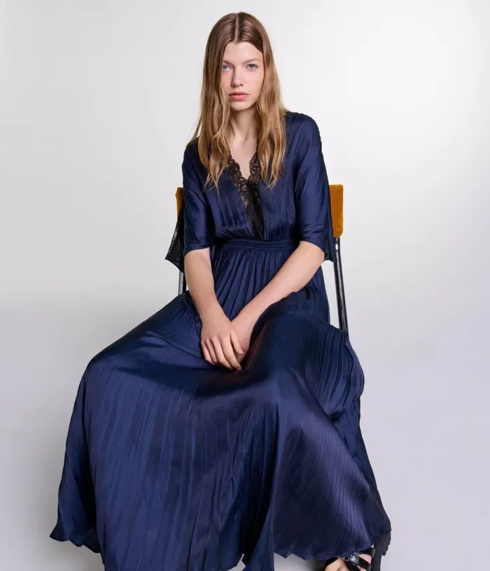 Maje Pleated Maxi Dress With Lace Women Dresses