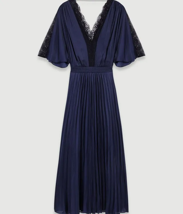 Maje Pleated Maxi Dress With Lace Women Dresses