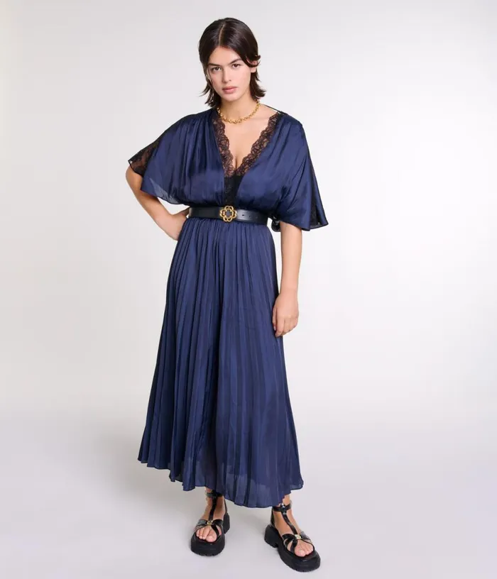 Maje Pleated Maxi Dress With Lace Women Dresses