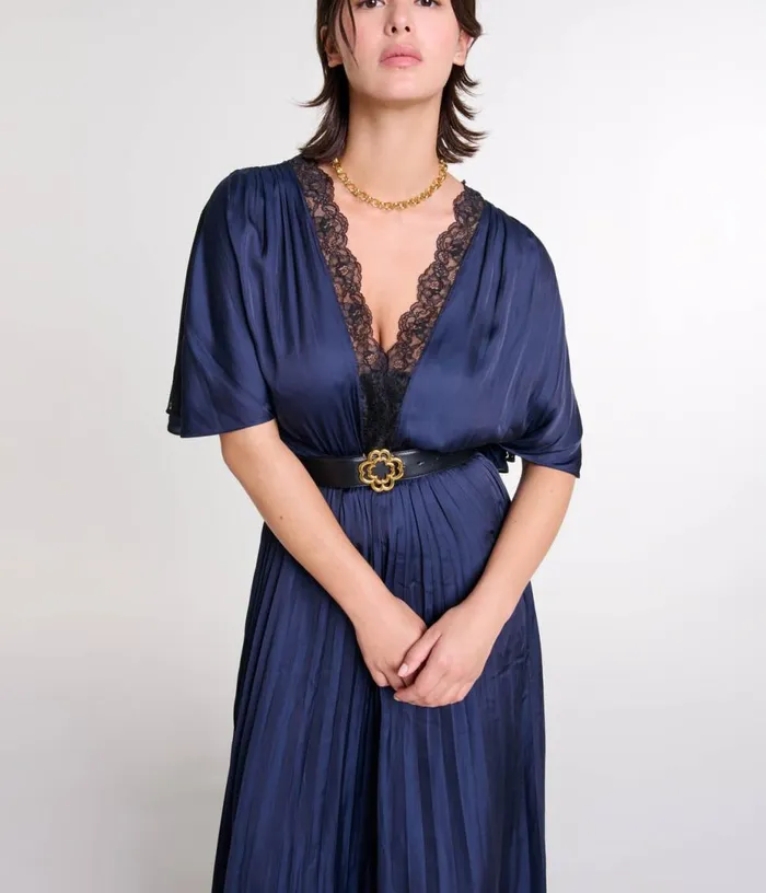 Maje Pleated Maxi Dress With Lace Women Dresses