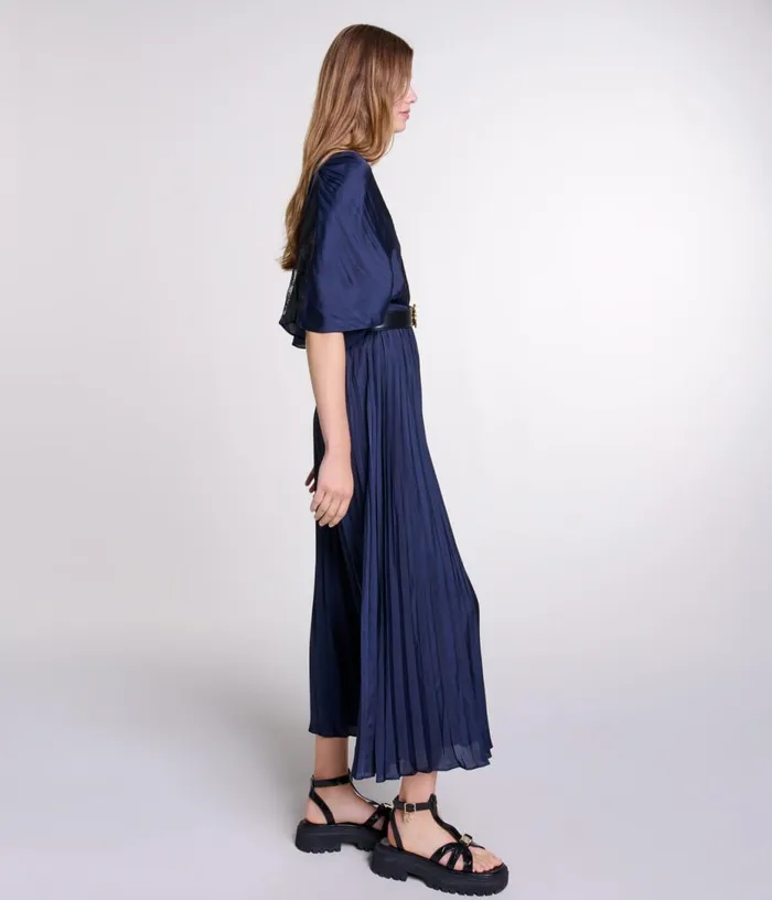Maje Pleated Maxi Dress With Lace Women Dresses