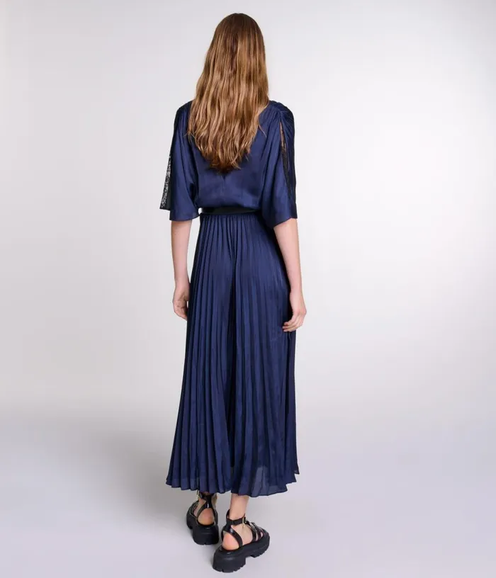 Maje Pleated Maxi Dress With Lace Women Dresses