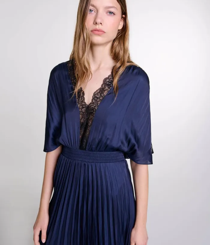 Maje Pleated Maxi Dress With Lace Women Dresses