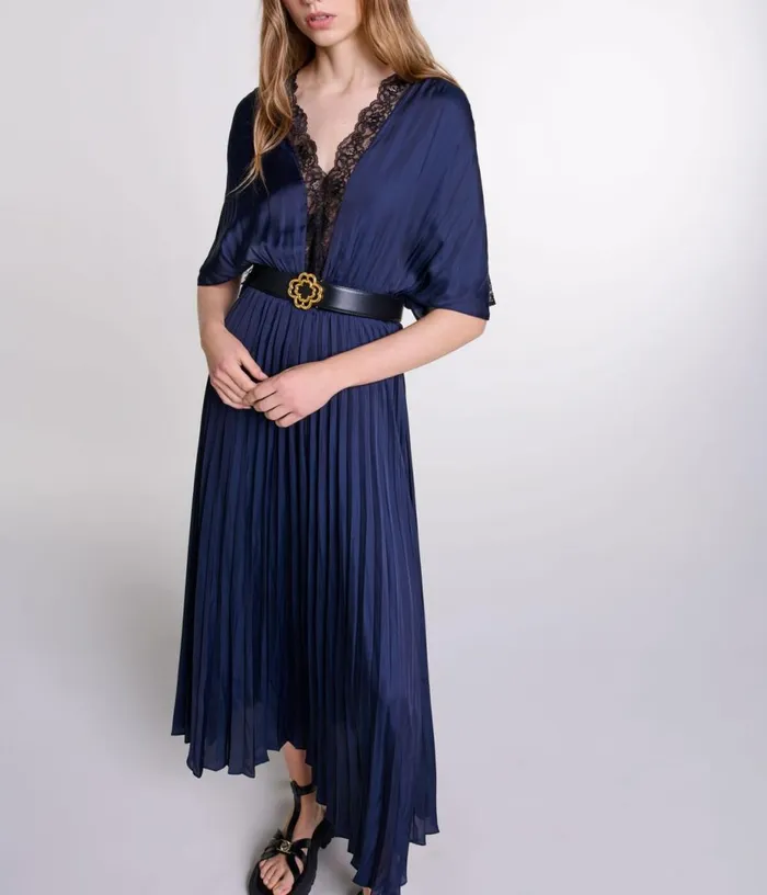 Maje Pleated Maxi Dress With Lace Women Dresses