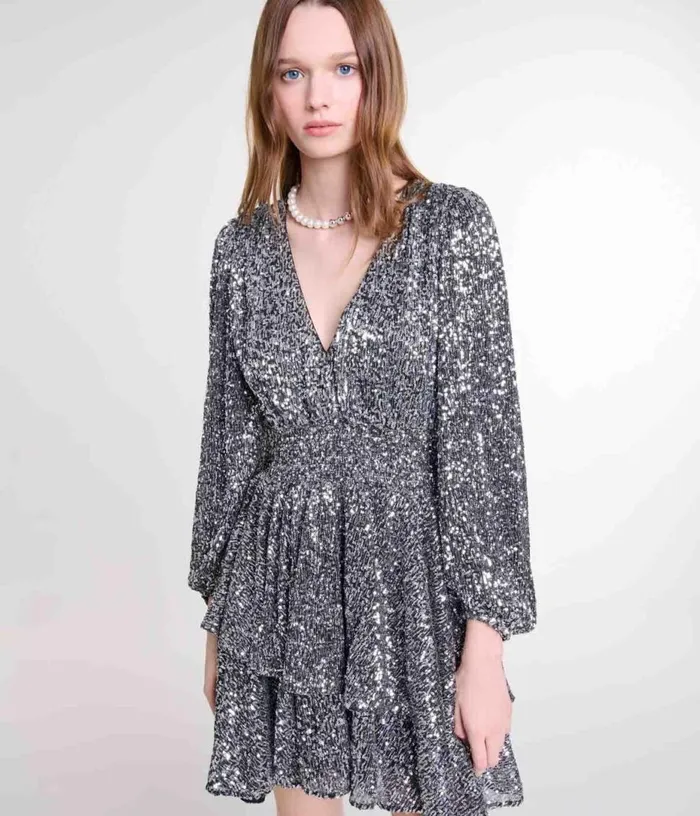 Maje Short Ruffled Sequinned Dress Women Dresses