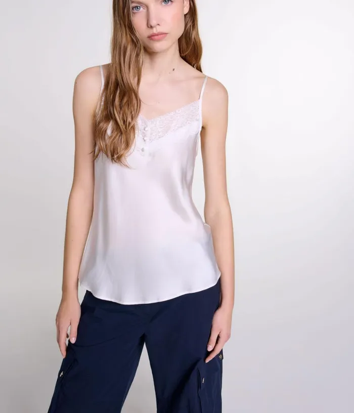 Maje Silk Satin And Lace Top Women Tops and Shirts Maje Silk Satin And Lace Top Women Tops and Shirts