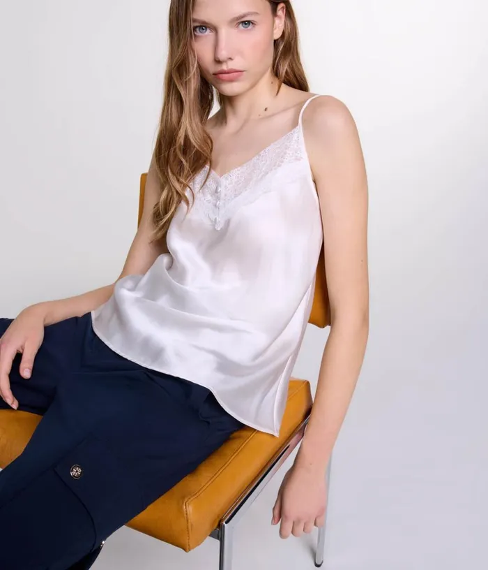 Maje Silk Satin And Lace Top Women Tops and Shirts Maje Silk Satin And Lace Top Women Tops and Shirts