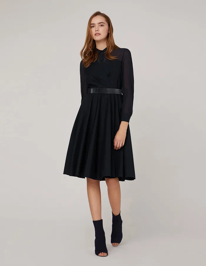 MARYLING Black Dress Long Sleeved ALine Pleated Shirt Dress Midnight Blue 8211 Women MARYLING Black Dress Long Sleeved ALine Pleated Shirt Dress Midnight Blue 8211 Women