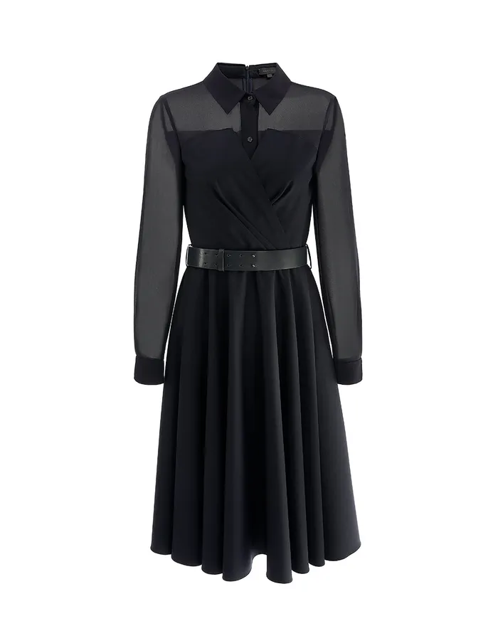 MARYLING Black Dress Long Sleeved ALine Pleated Shirt Dress Midnight Blue 8211 Women MARYLING Black Dress Long Sleeved ALine Pleated Shirt Dress Midnight Blue 8211 Women