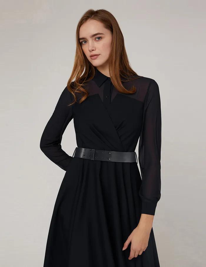 MARYLING Black Dress Long Sleeved ALine Pleated Shirt Dress Midnight Blue 8211 Women MARYLING Black Dress Long Sleeved ALine Pleated Shirt Dress Midnight Blue 8211 Women