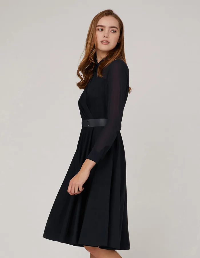 MARYLING Black Dress Long Sleeved ALine Pleated Shirt Dress Midnight Blue 8211 Women MARYLING Black Dress Long Sleeved ALine Pleated Shirt Dress Midnight Blue 8211 Women