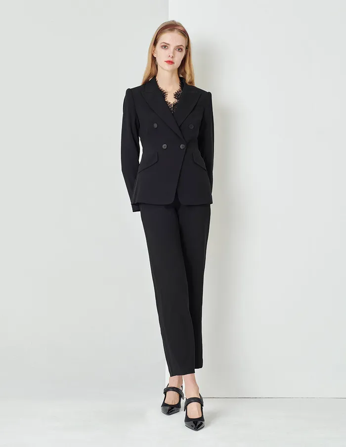 MARYLING Blazers Classic Black Flip Collar DoubleBreasted Suit Black 8211 Women MARYLING Blazers Classic Black Flip Collar DoubleBreasted Suit Black 8211 Women