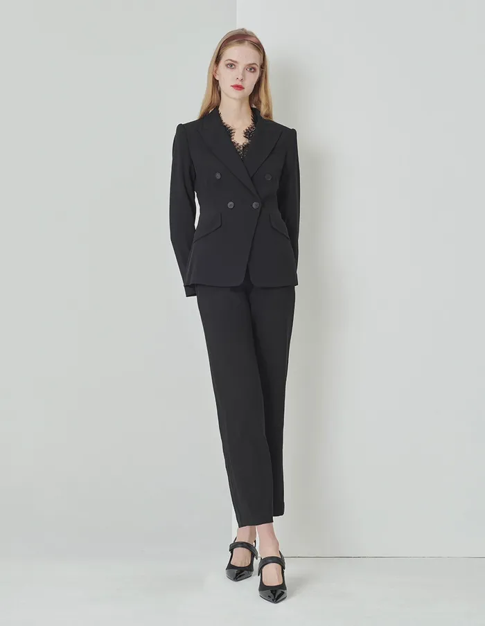 MARYLING Blazers Classic Black Flip Collar DoubleBreasted Suit Black 8211 Women MARYLING Blazers Classic Black Flip Collar DoubleBreasted Suit Black 8211 Women